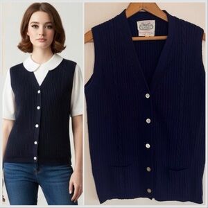 The Villager Vintage Wool Sweater Vest Size 40 Cable Knit Pockets Blue 60s Twee